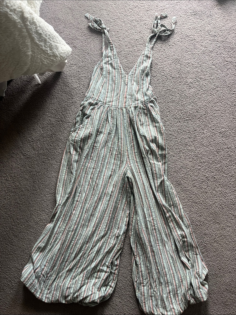 Free People Striped Tie-Shoulder Wide-Leg Jumpsuit in Mint & Cream - Picture 2 of 3